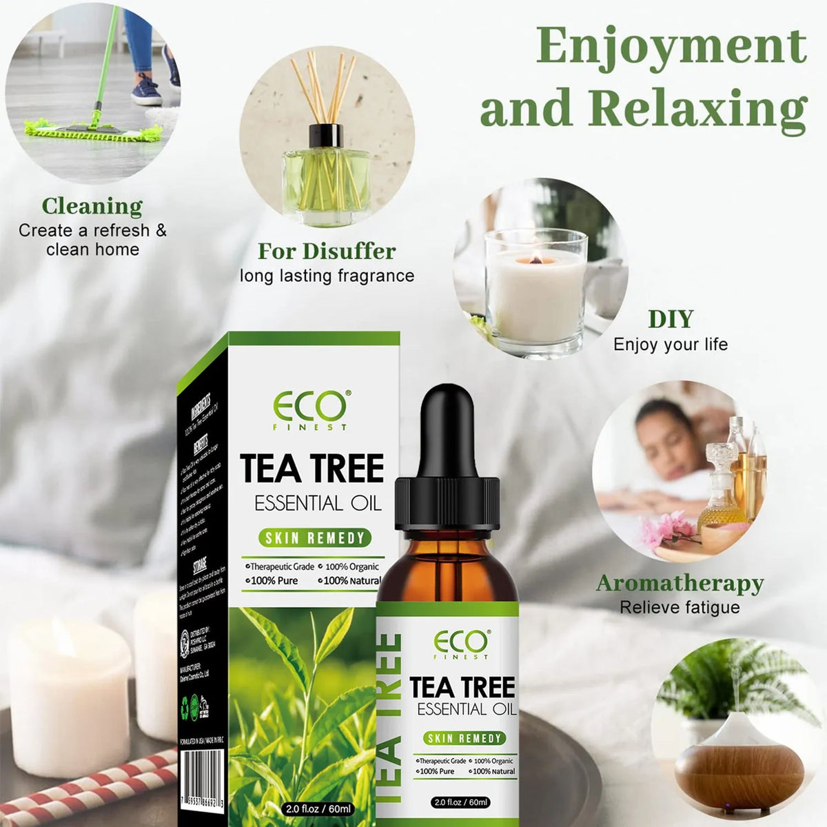 60ml glass bottle of pure tea tree essential oil for topical acne treatment and skin care.