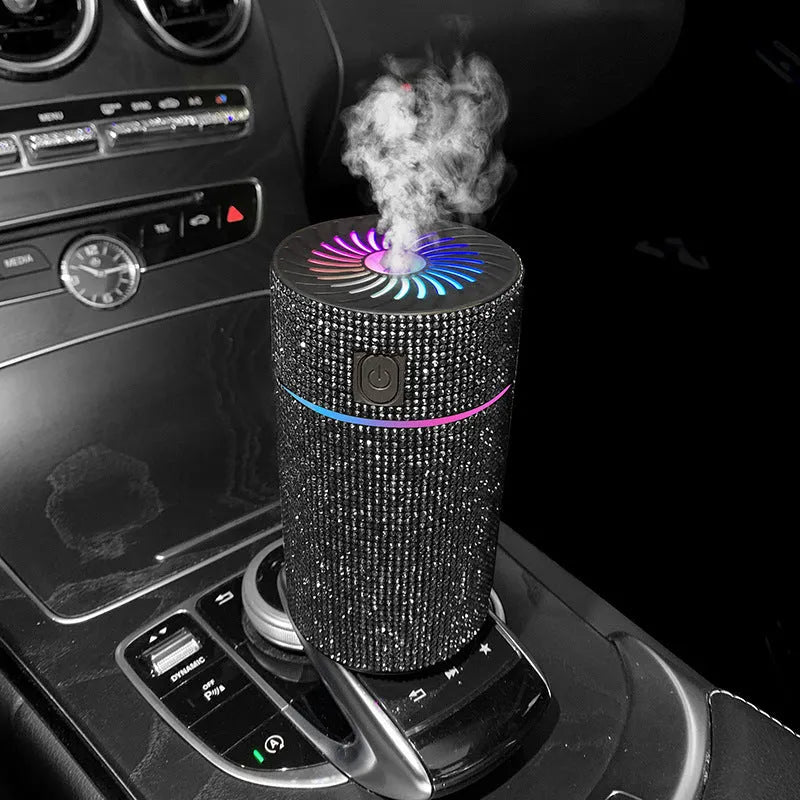 Compact white car USB air humidifier with Water Diamond technology measuring 14cm