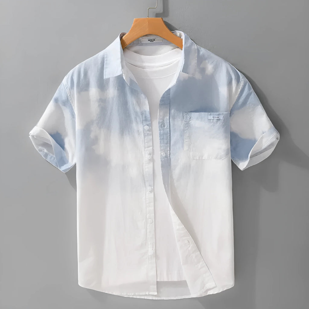Men's light pink pure cotton short-sleeved shirt with a loose cardigan fit on a hanger.