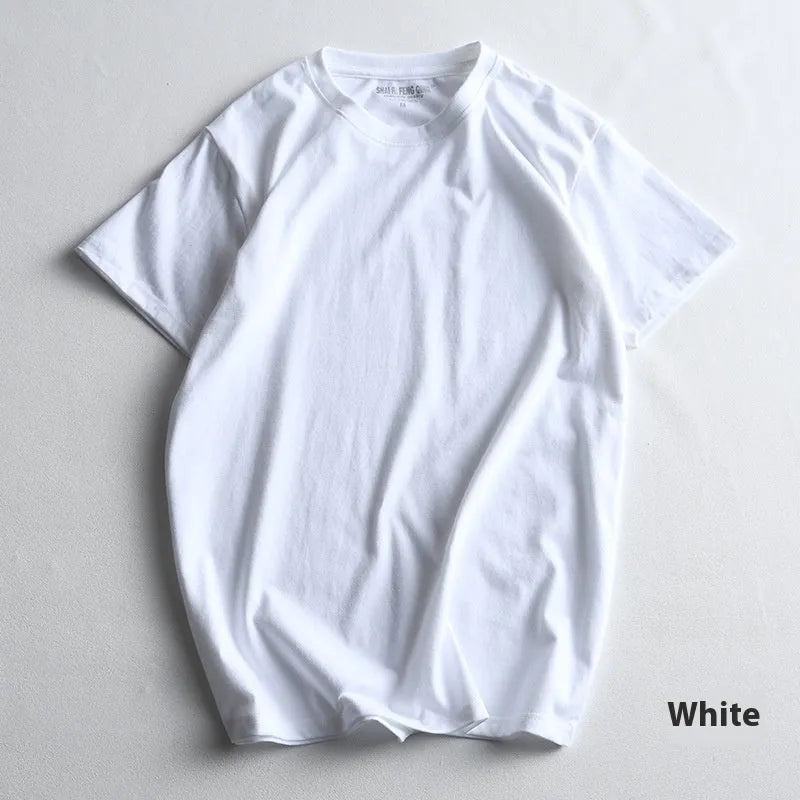 Men's solid colour cotton T-shirt showing round neck and short sleeve design in available colour options