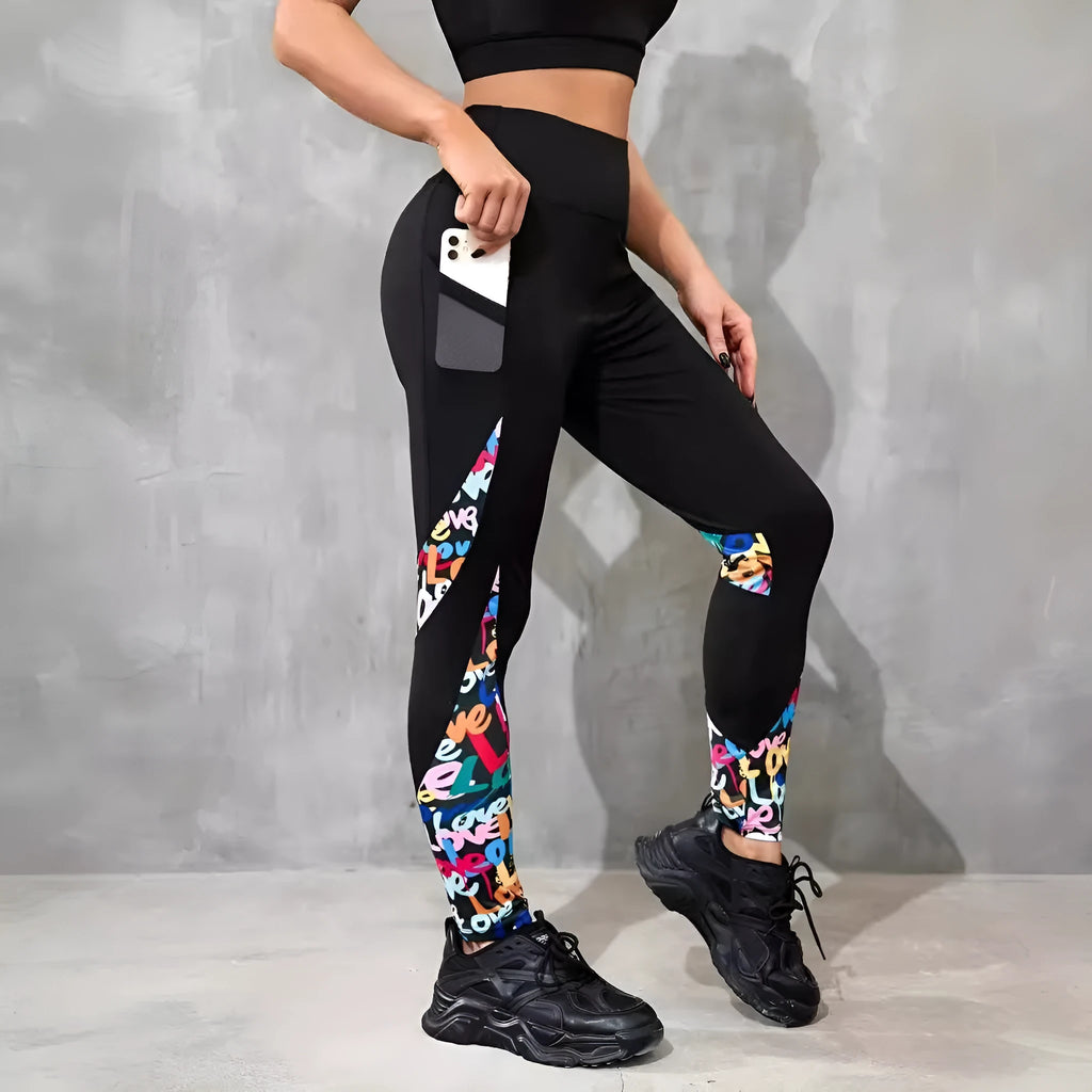 High waist tight sports yoga pants polyester cropped leggings with pocket, black ribbon colour options