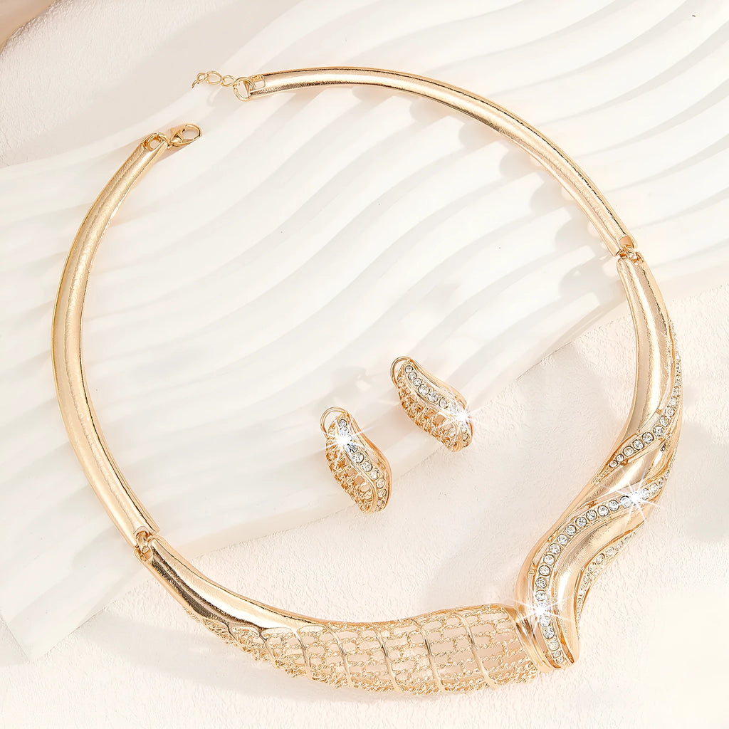 Gold-tone alloy moon necklace and earrings set for women with heart, water drop and bell patterns