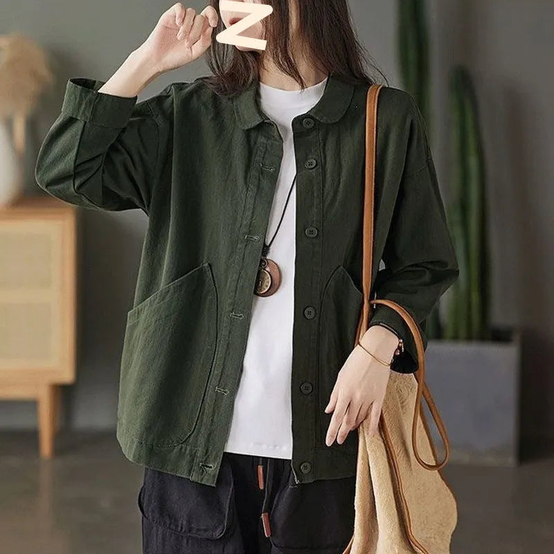 Retro twill cotton loose casual top with large pocket for women in khaki