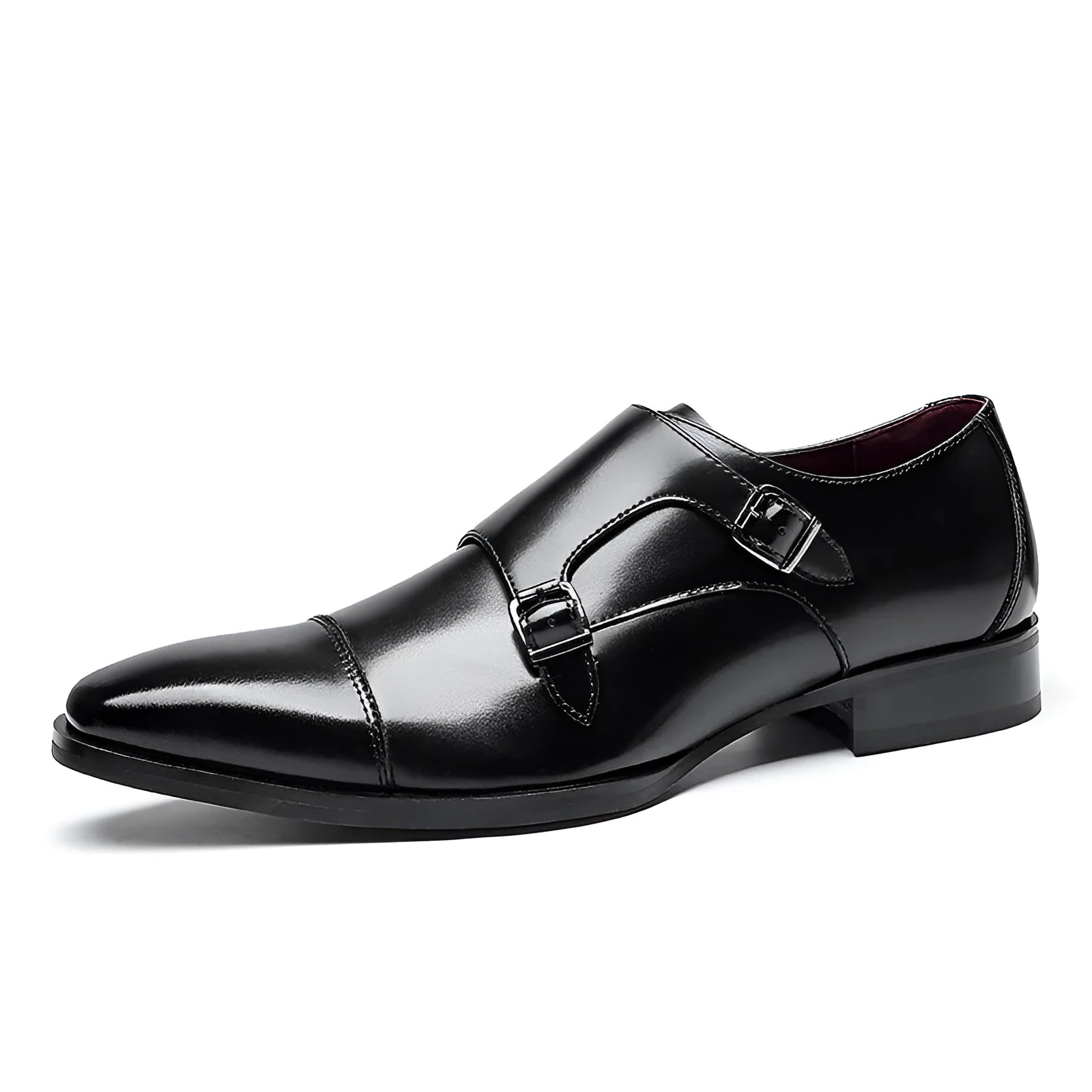 Men's black leather business shoes with square toe design and rubber sole