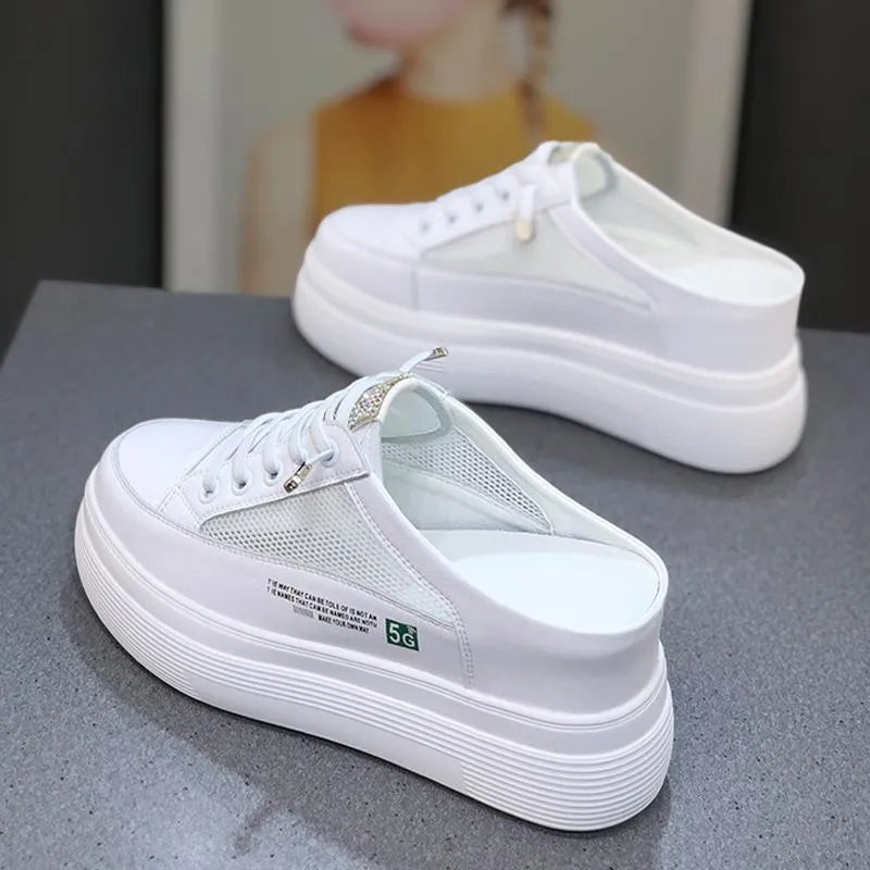 Ladies white platform slip-on shoes with mesh surface, synthetic leather upper and rubber sole, sizes 35-40
