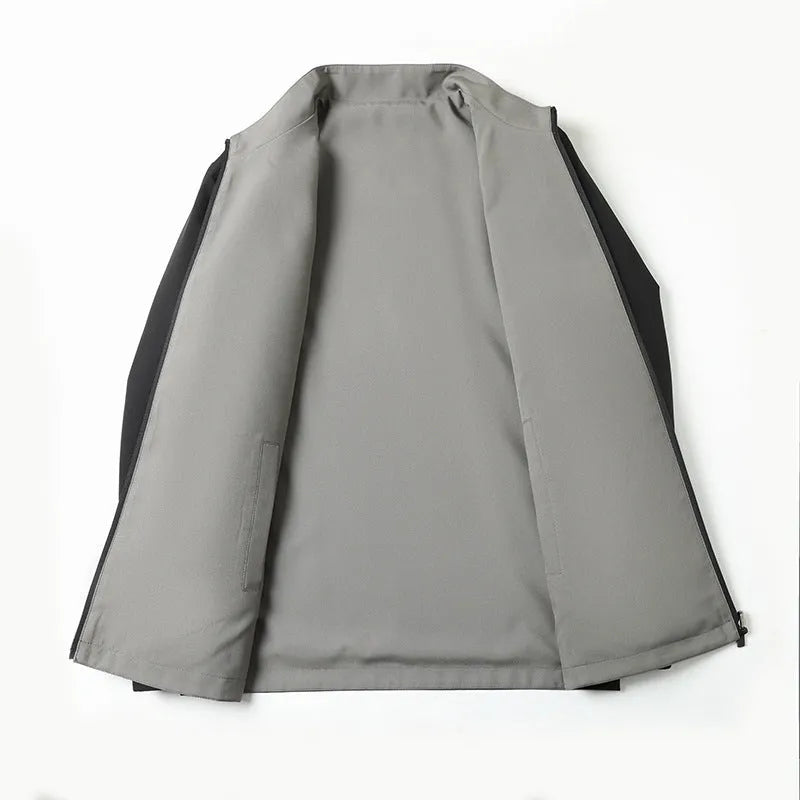 Men's double-sided stand collar windproof jacket in polyester, loose fit, available in black, navy, khaki and red, sizes M-4XL.