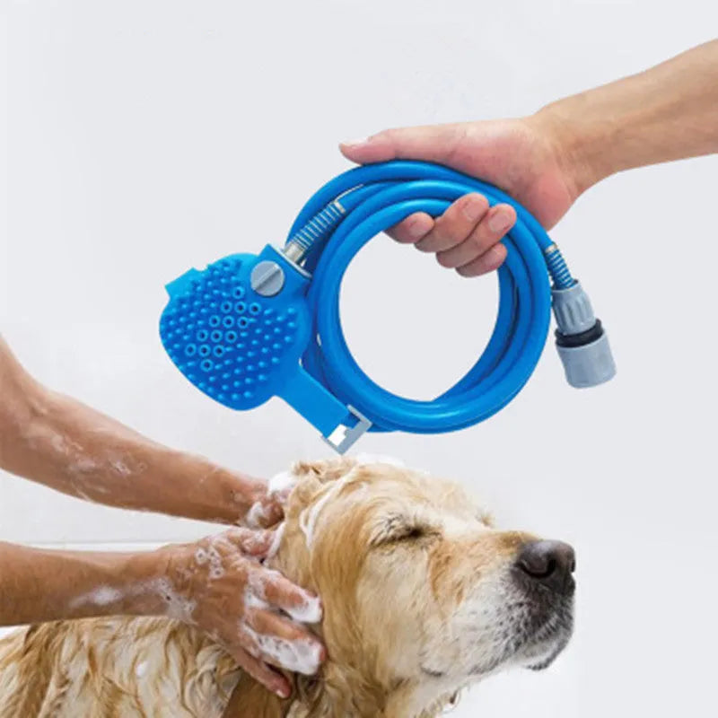 Blue handheld pet bathing tool with massage gloves, 98.5 inch hose and two faucet adapters for dogs, cats and horses.
