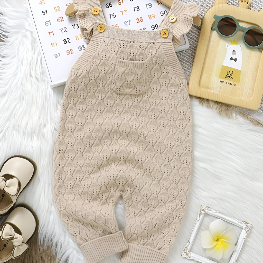 Infant sleeveless knitted romper jumpsuit with double-breasted closure and flounced sleeves in apricot