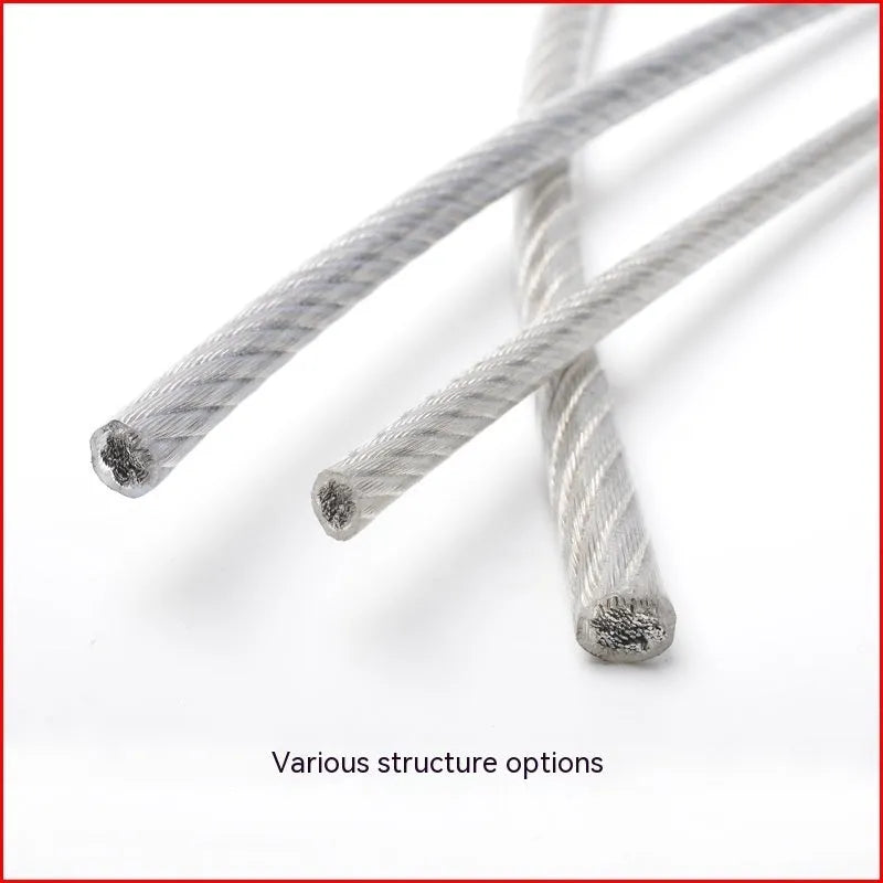 Close-up of a PVC-coated stainless steel security cable showing its multi-strand 7x19 construction.