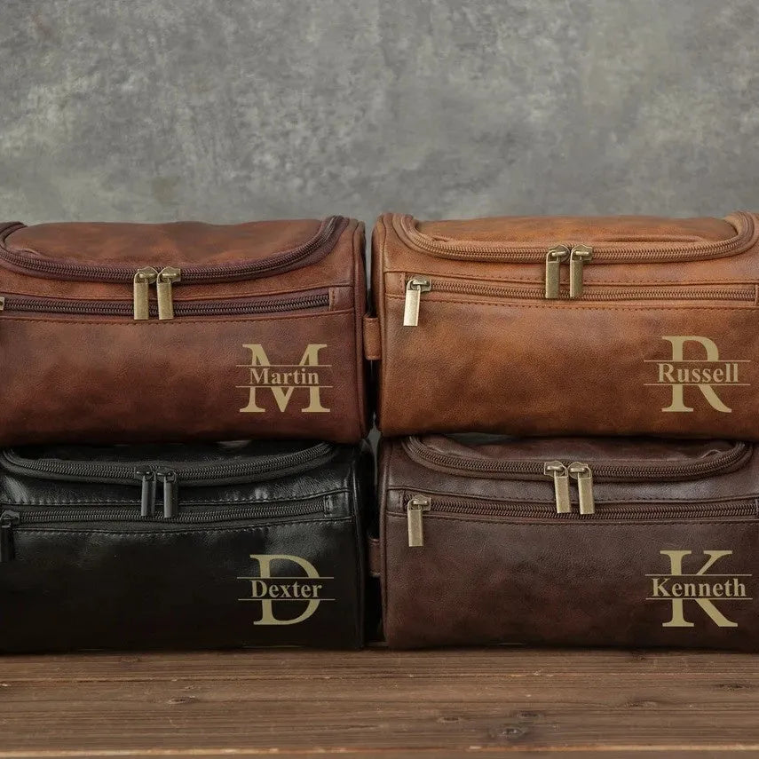 Men's PU leather leisure travel makeup bag in black, light brown, brown, or dark brown