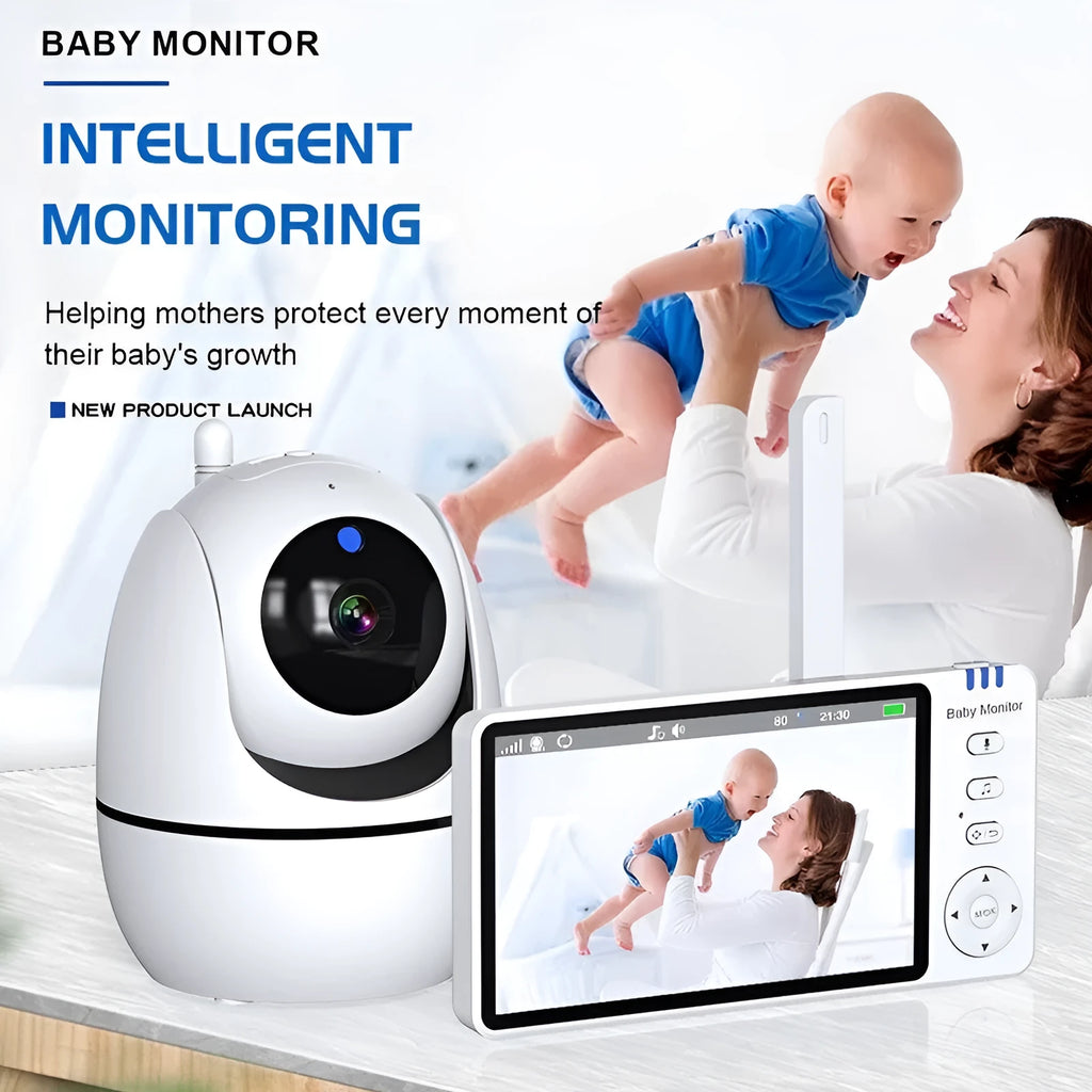 White ABM501 HD wireless baby monitor with 5-inch screen on a table.
