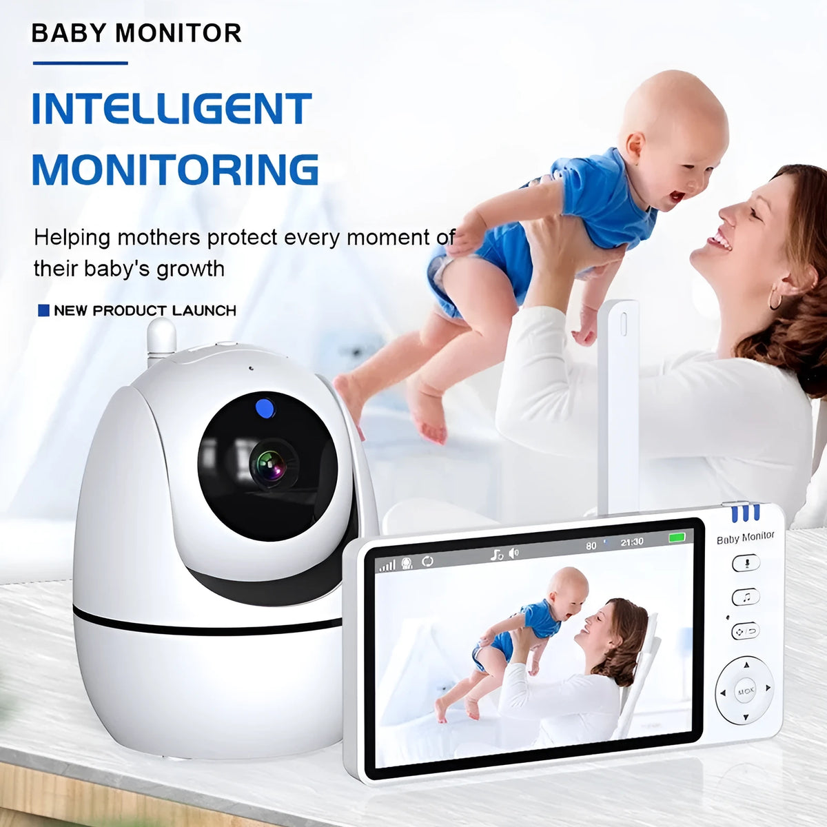White ABM501 HD wireless baby monitor with 5-inch screen on a table.