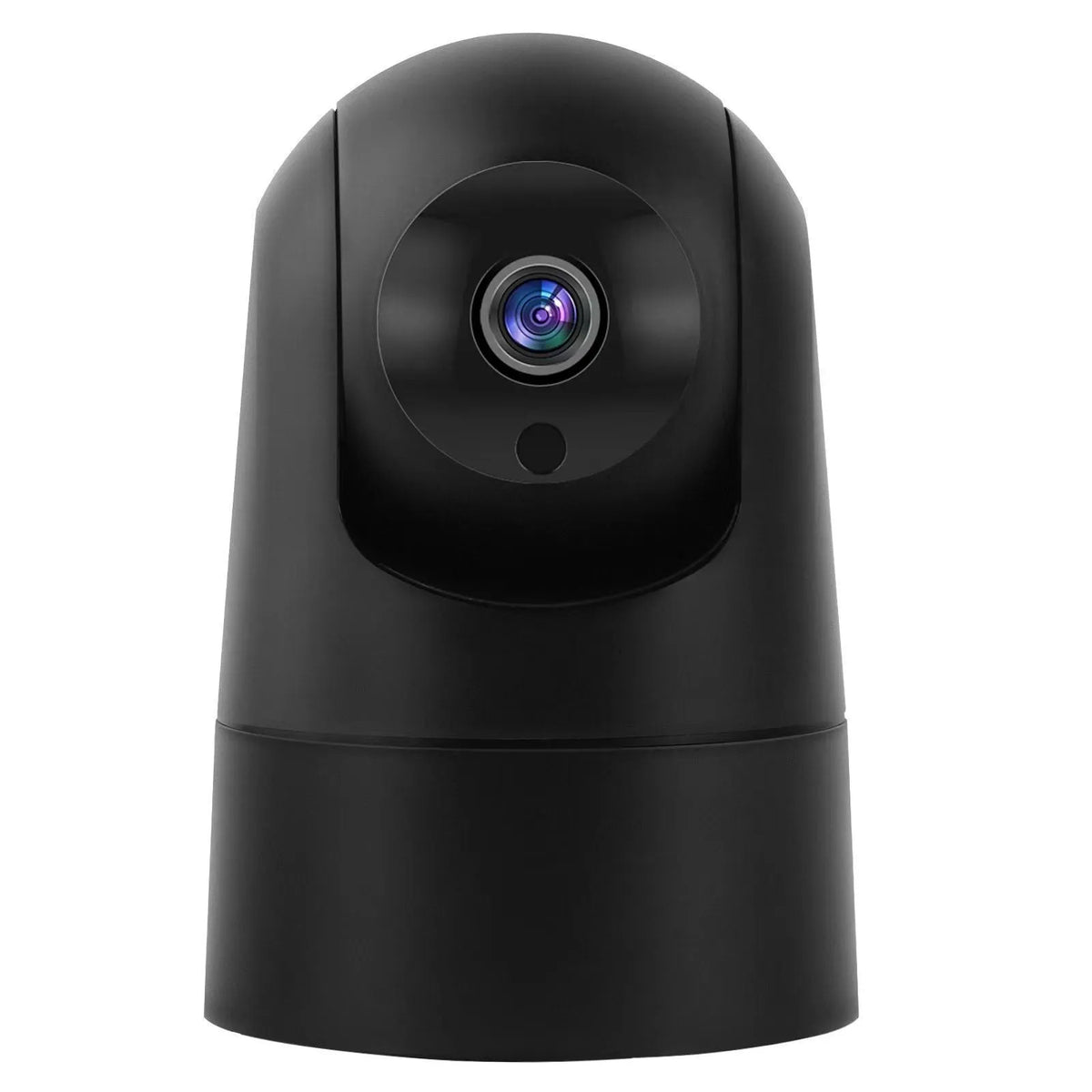White indoor security camera with pan/tilt mechanism on stand showing front lens and microphone
