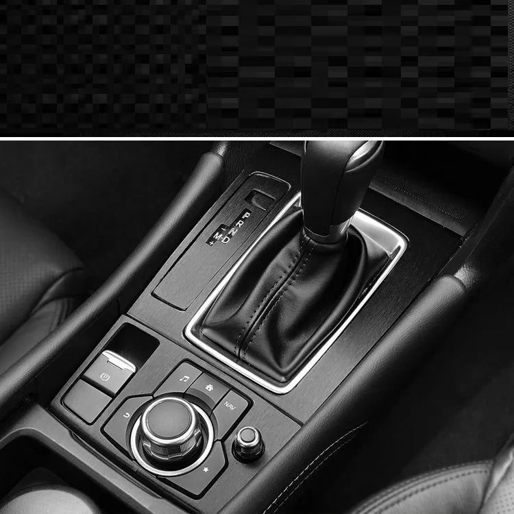 Car interior decorative film sticker kit showing pre-cut pieces for centre console and trim modification