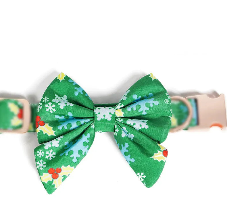 Pure cotton dog necklace with removable Christmas flower bow tie in blue, green, or red, sizes S M L.