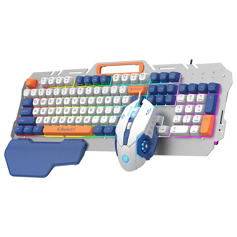 Blue wired gaming keyboard and mouse set with backlit keys on a desk
