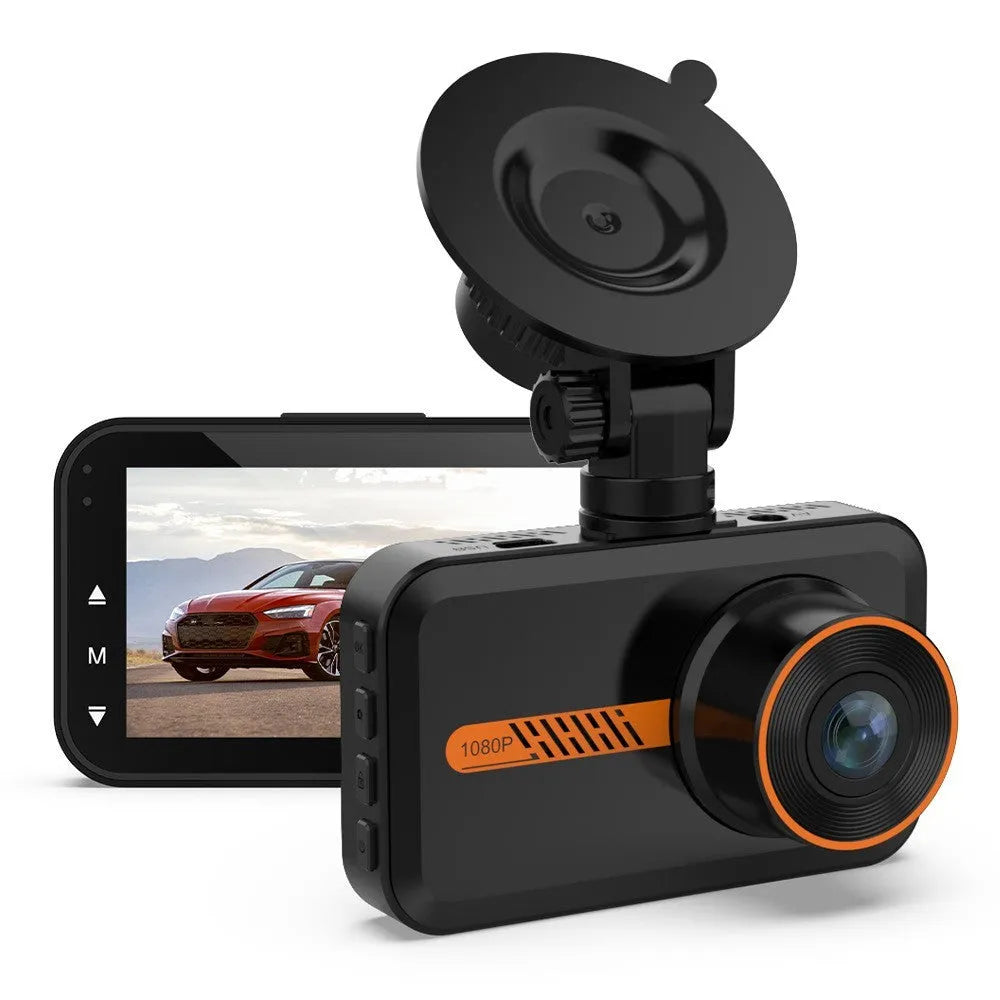 ThiEYE front and rear car dash camera system with 3-inch screen displayed next to its waterproof rear camera unit.