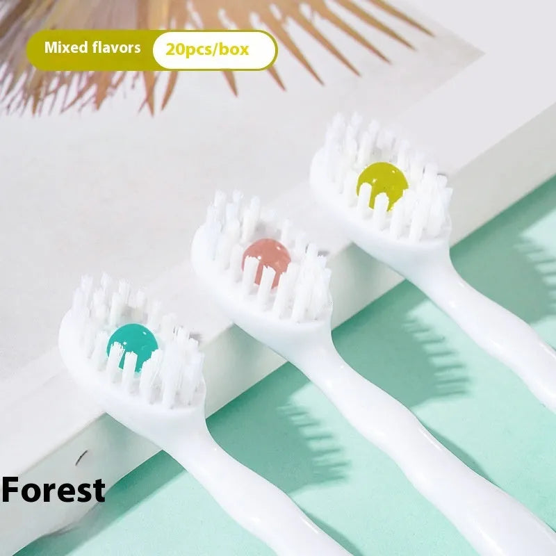 Box containing 20 disposable bead toothbrushes in mint, peach, plum green tea, or mixed flavours.