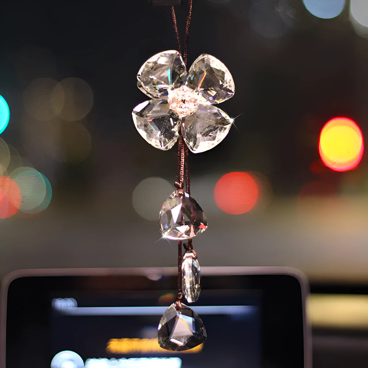 Crystal four leaf clover car pendant ornament in transparent, champagne, black, or shiny finish, approx 20 cm.