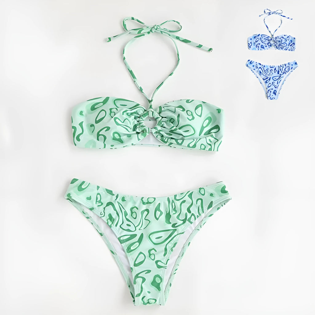 Green floral bandeau bikini swimsuit with backless design and split-style briefs