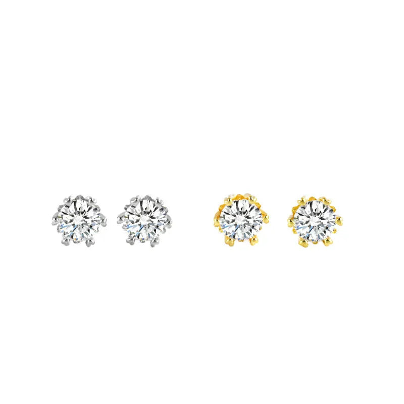 Brass zircon heart shape stud earrings with six claw setting in silver and gold pair