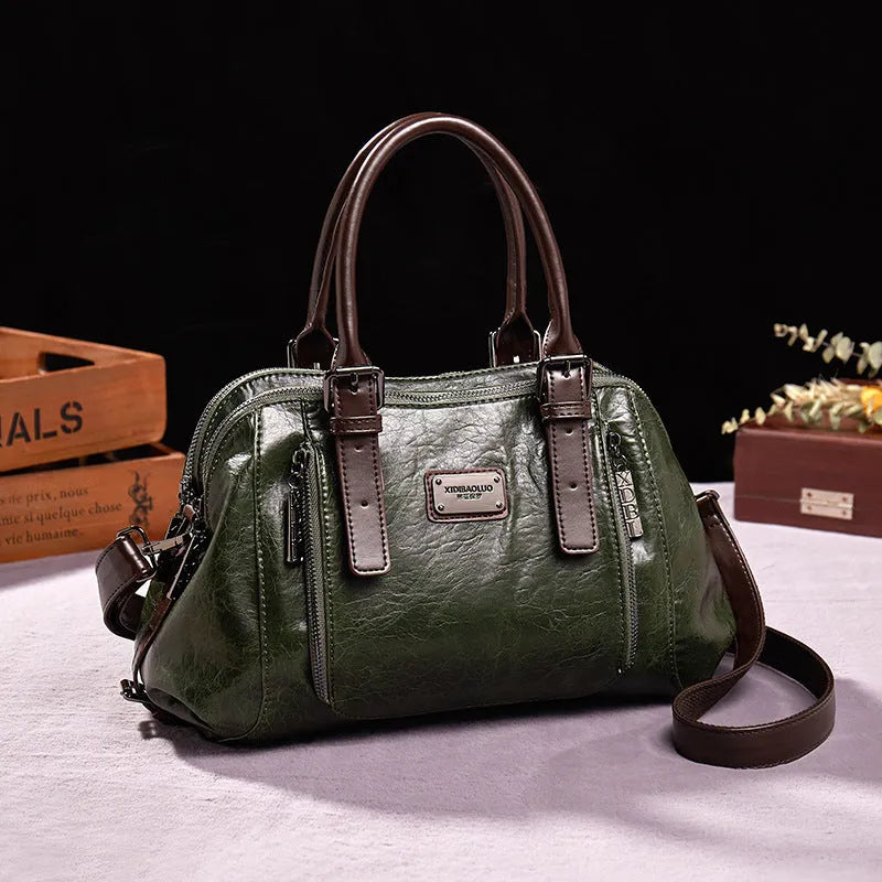 Women's PU leather crossbody shoulder bag with splicing design in black colour, 28x13x20cm