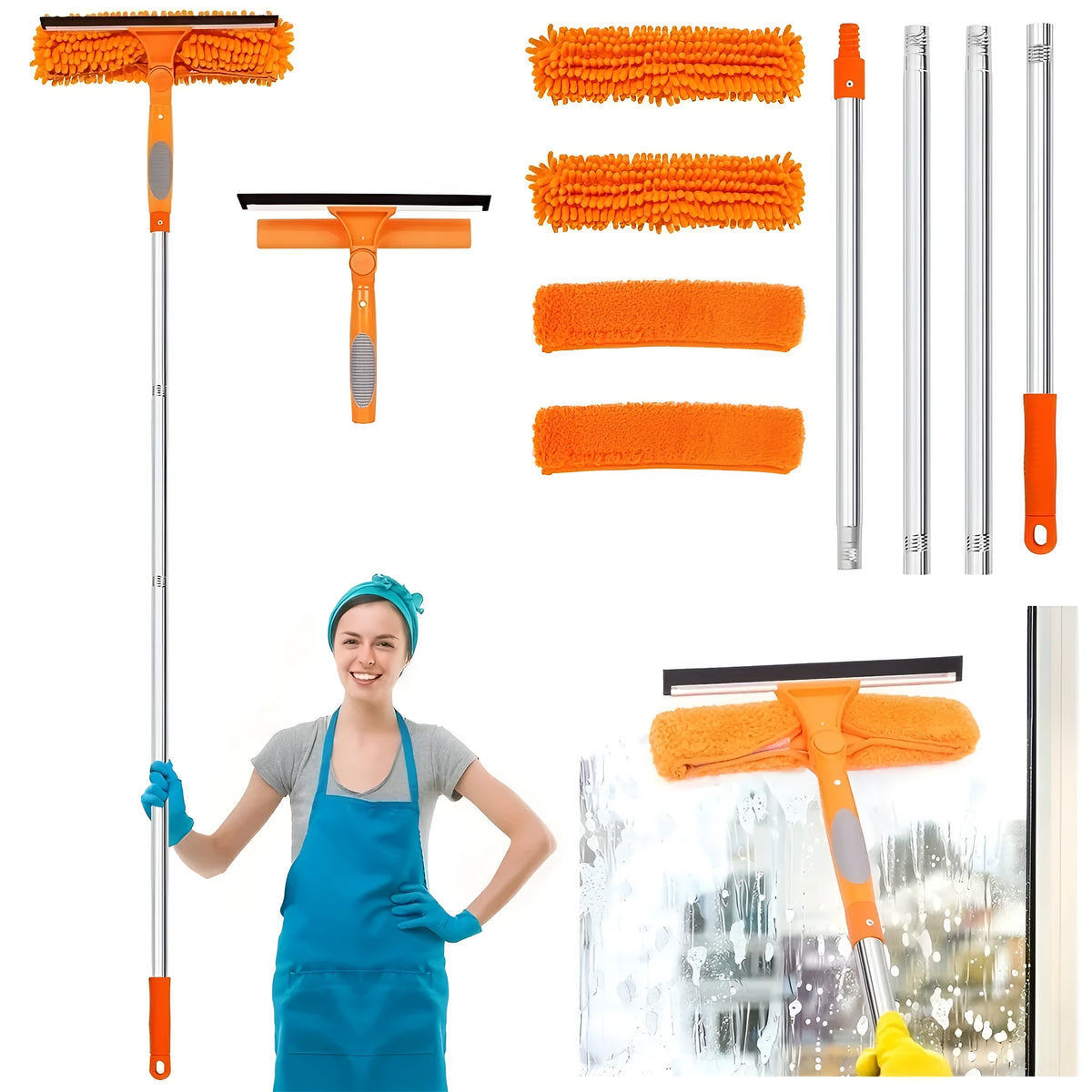 Two-in-one glass squeegee with stainless steel handle, rotating head, four poles and four cloth covers in blue, orange or grey