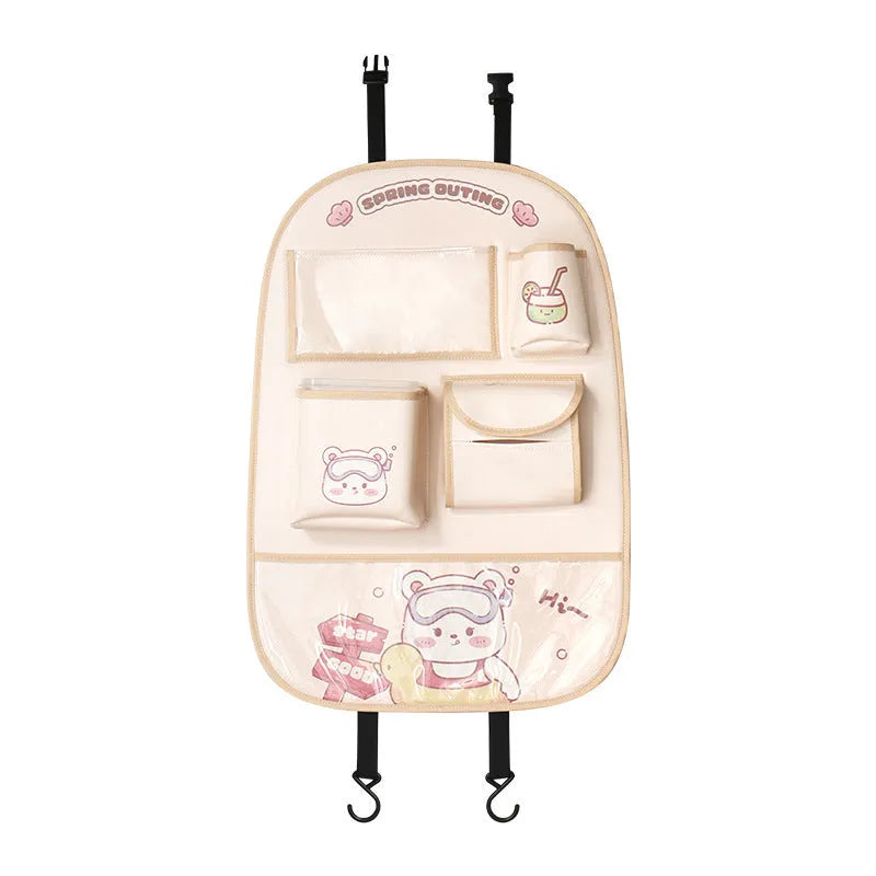 Car seat back storage bag and anti-kick cushion in leather, Bear or Bunny design, supplied as one storage bag