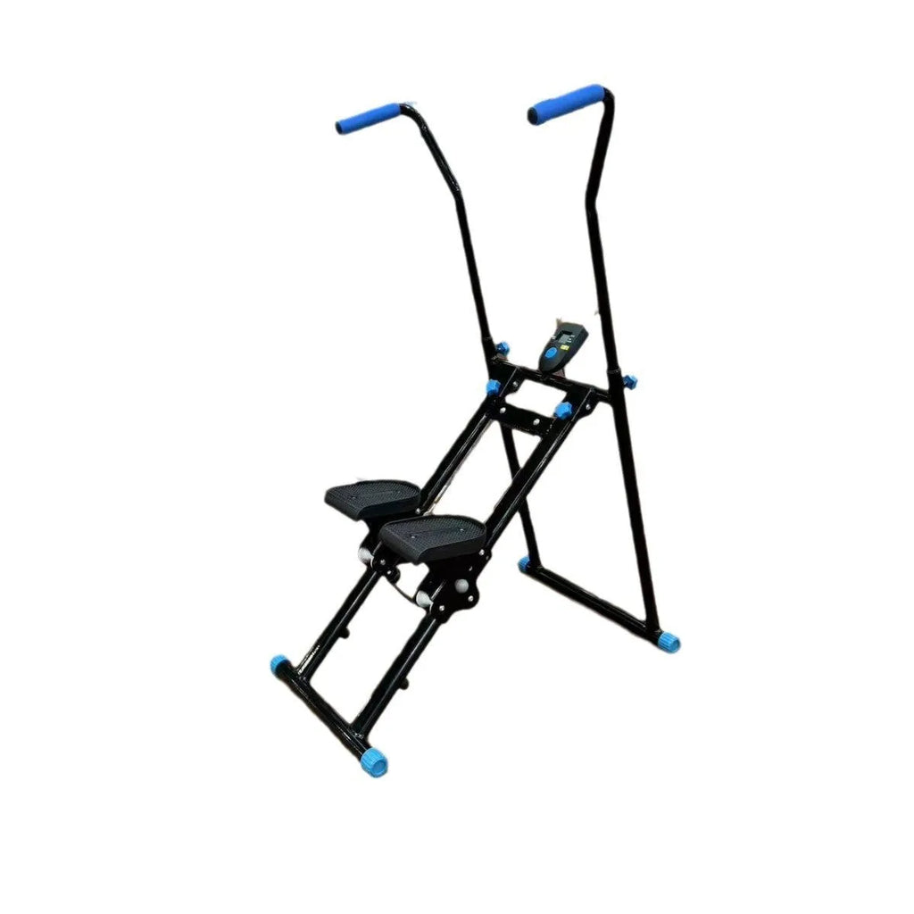 Foldable white home treadmill with climbing frame in unfolded position for indoor exercise