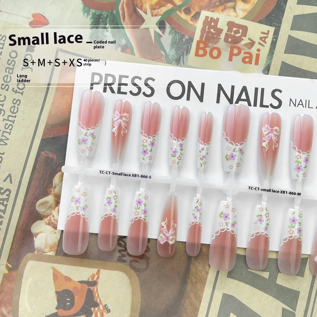Small floral prefabricated nail tips with long ladder velvet seal layer in white small lace pattern XB1-866