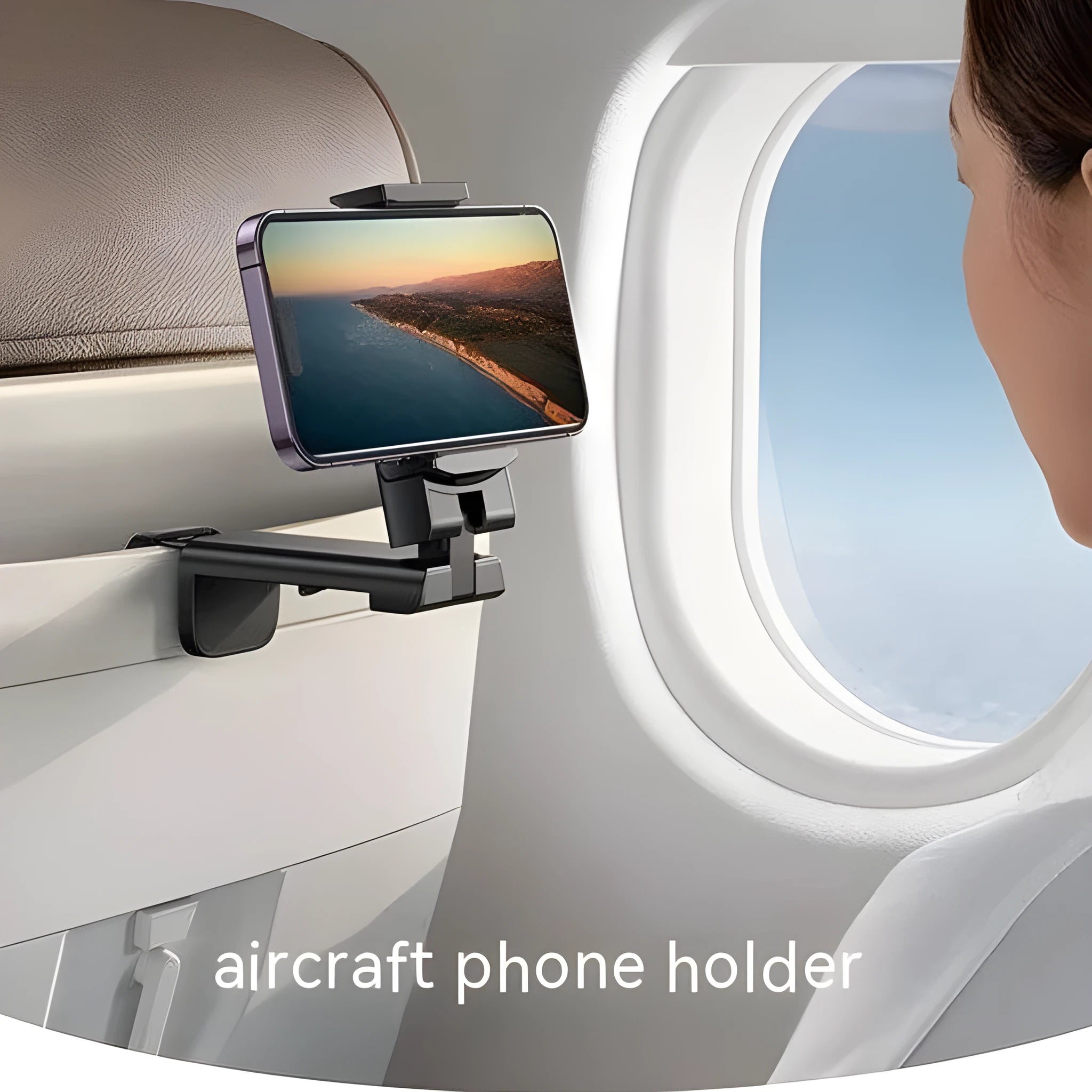 Foldable rotating phone holder in black, showing adjustable head and compact folded position.
