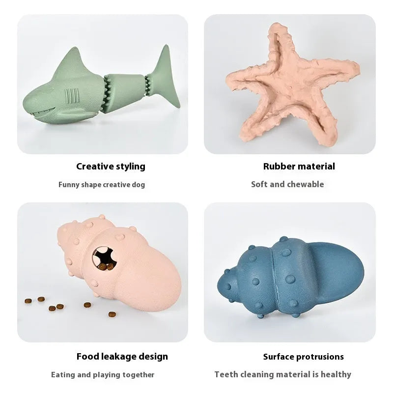 Blue shark-shaped rubber dog chew toy on a white background