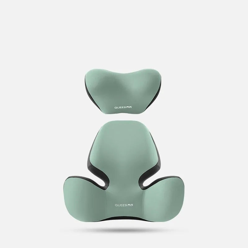 Black grey memory foam automotive lumbar support pillow and headrest on a car seat.