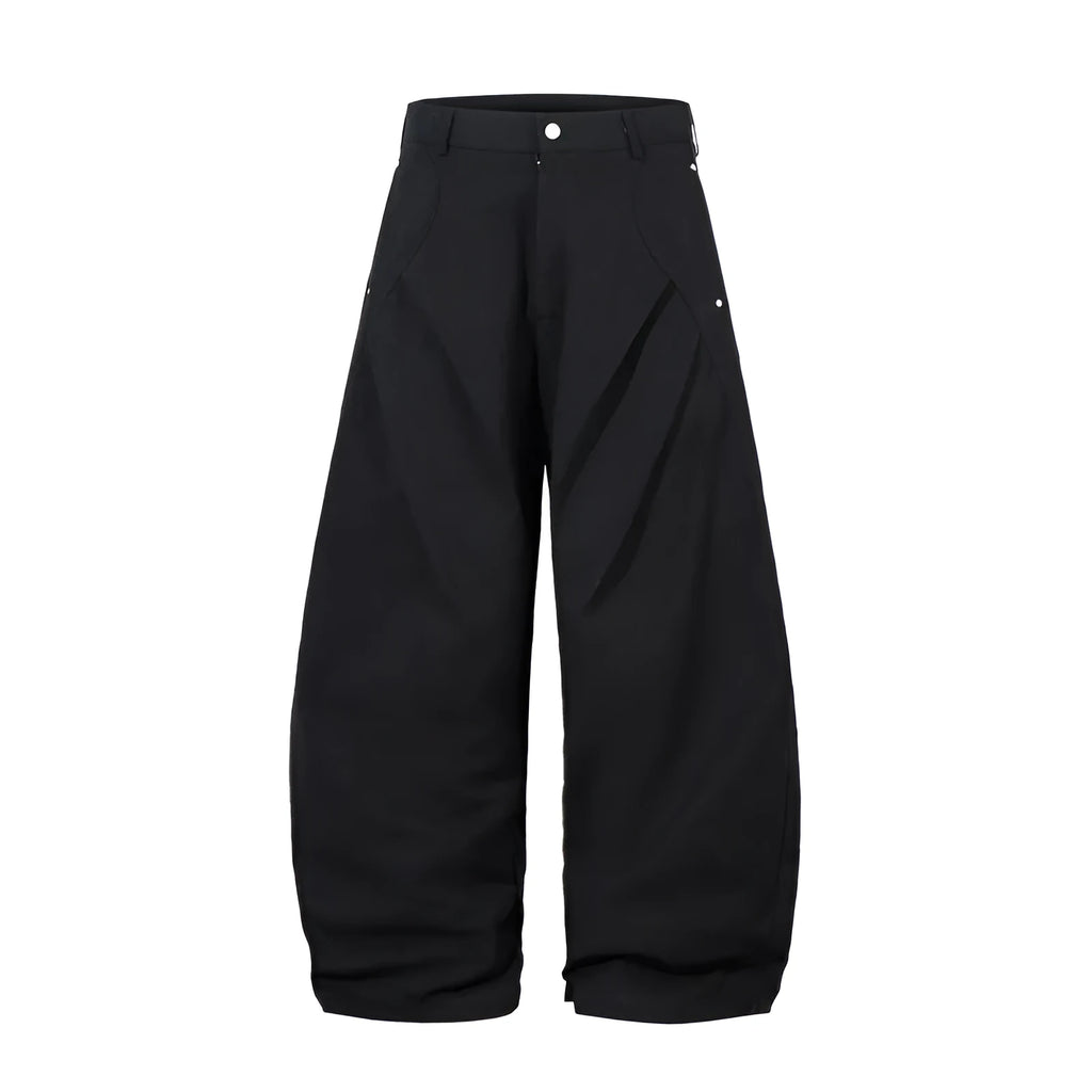 Men's black cotton pleated machete trousers with wide legs and elastic mid waist