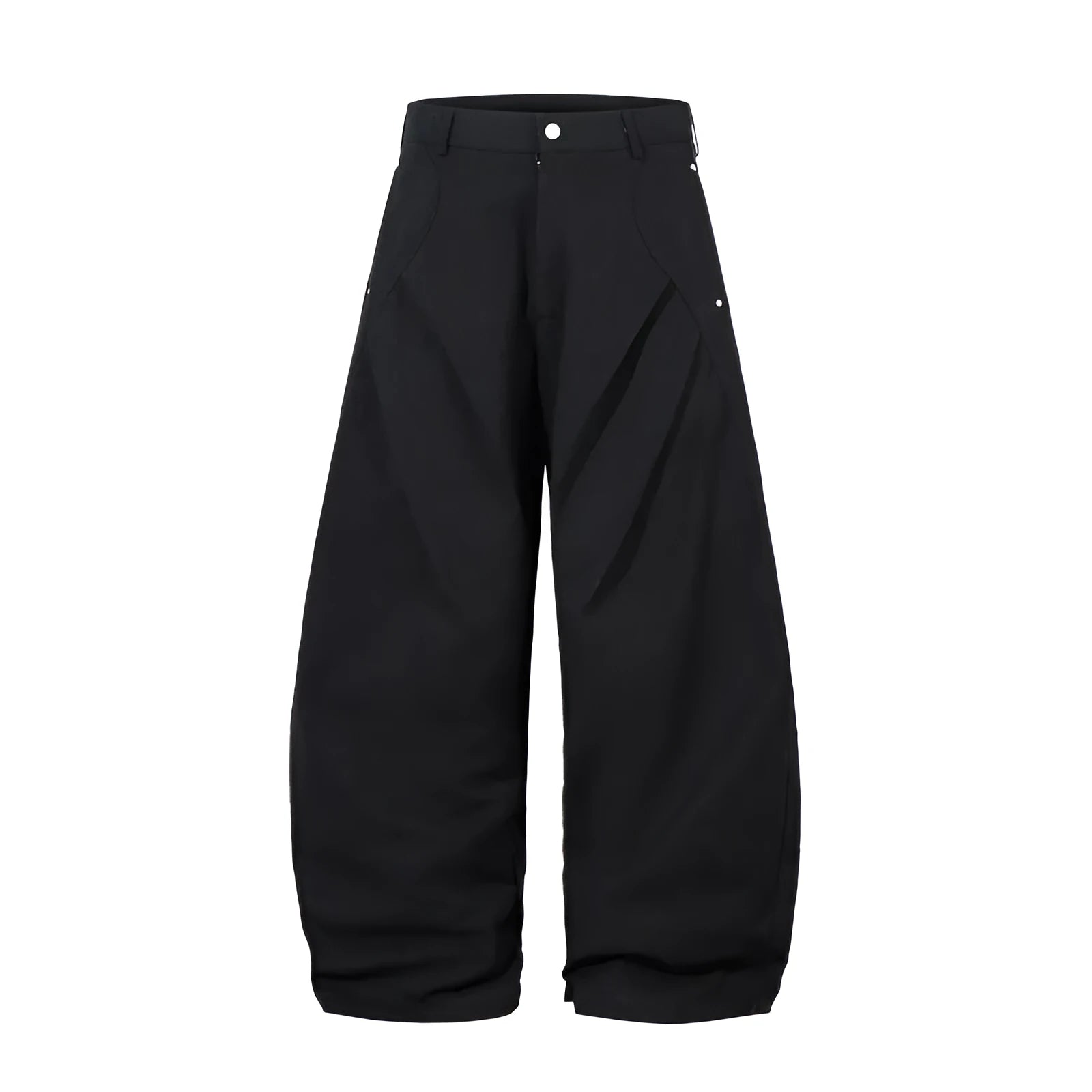 Men's black cotton pleated machete trousers with wide legs and elastic mid waist