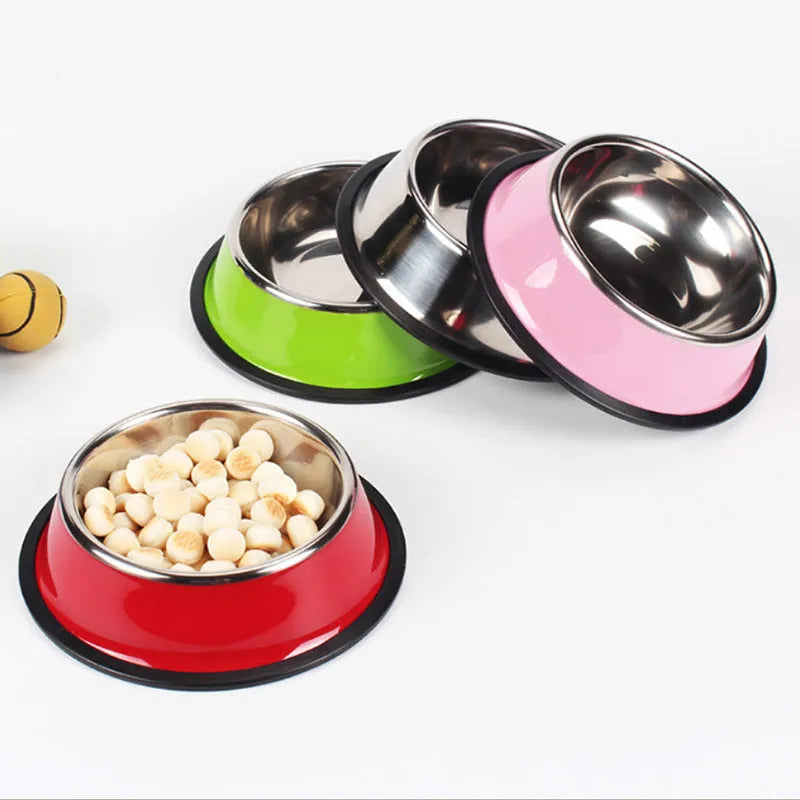 Stainless steel pet bowl with melamine exterior in six colour options showing non-slip base