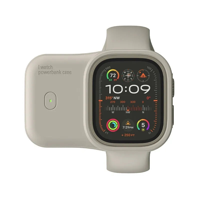 Portable Apple Watch charging case power bank with silicone sleeve in brown, blue, and starlight colours