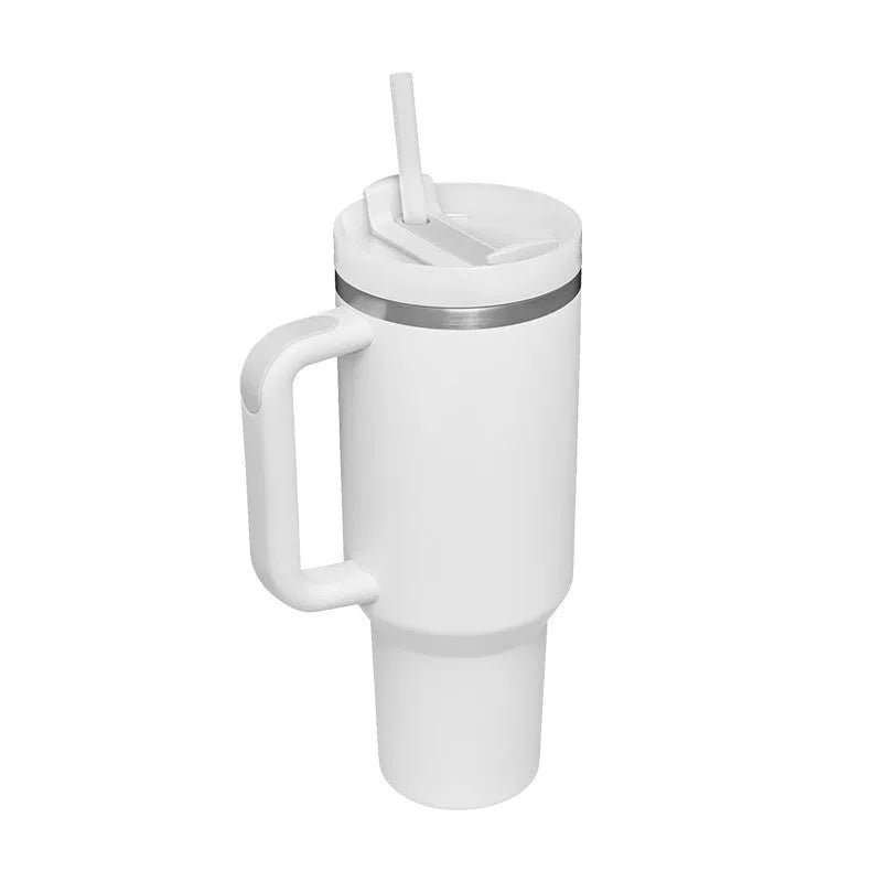 40 oz insulated stainless steel tumbler with handle straw and spill proof lid in a tapered design for car or gym use