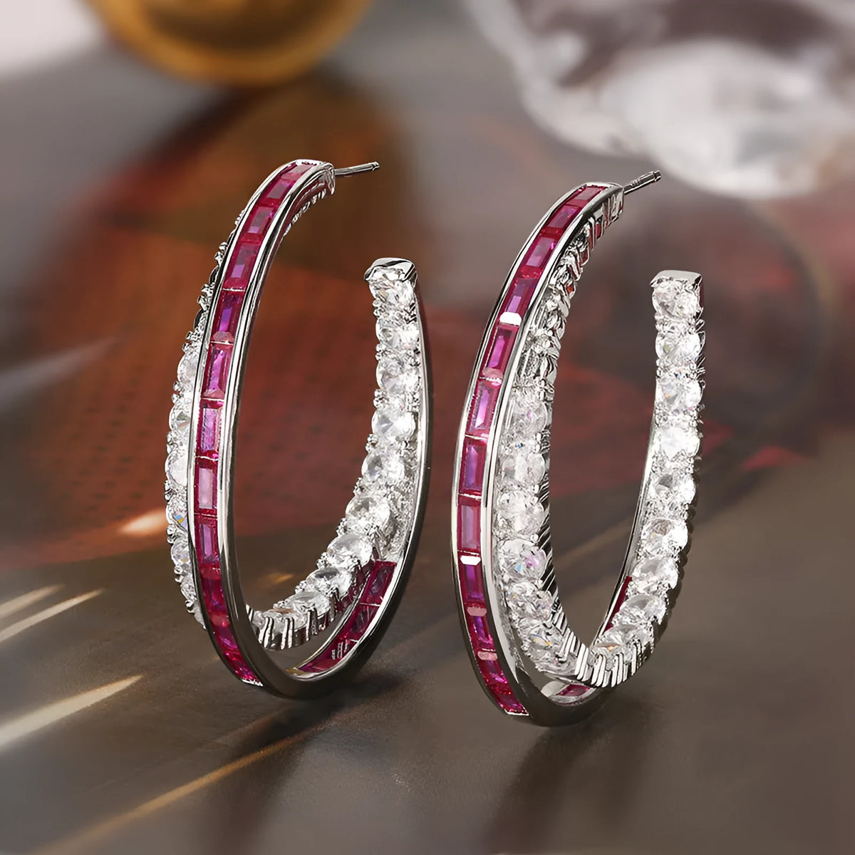 Silver needle geometric ring earrings with zirconia in red corundum or blue spinel, one pair for women