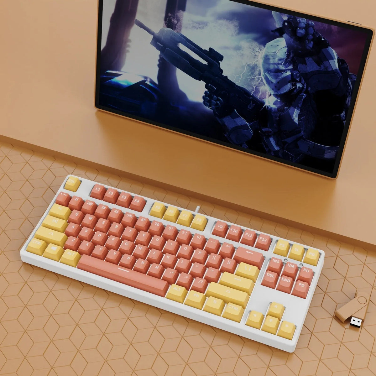 87-key wired mechanical keyboard with hot-swappable switches showing multiple colour combination options