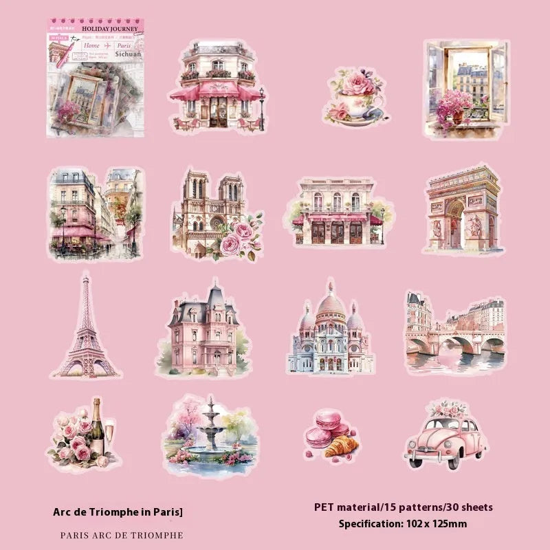 Holiday Journey Series architecture journal stickers with seven landmark designs in retro style