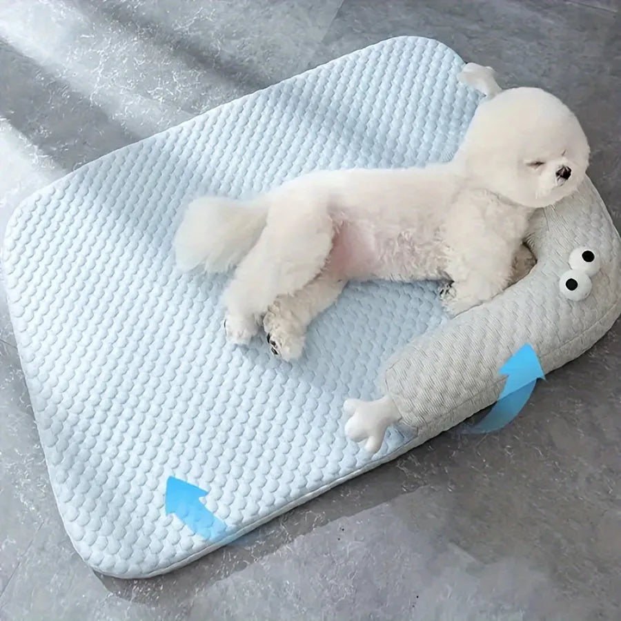 Blue pet bed with monster design showing breathable polyester fabric and non-slip base