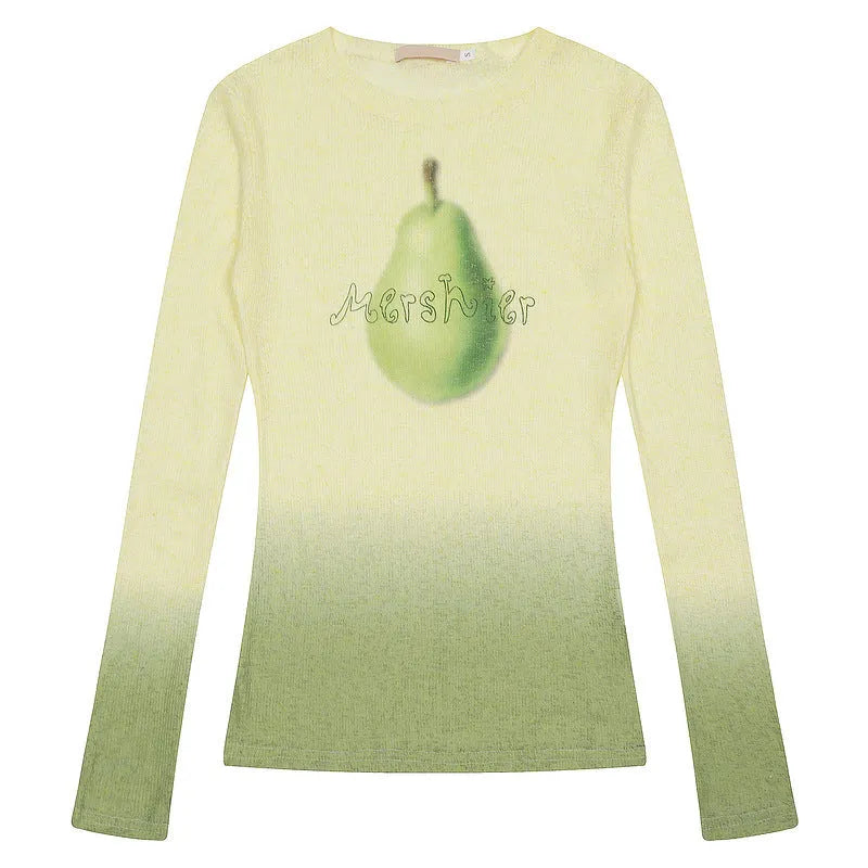 Women's yellow green gradient floral long-sleeved polyester T-shirt laid flat.