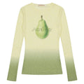Women's yellow green gradient floral long-sleeved polyester T-shirt laid flat.