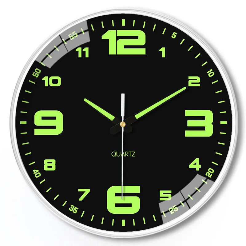 8 inch luminous wall clock with modern white plastic shell on a wall.