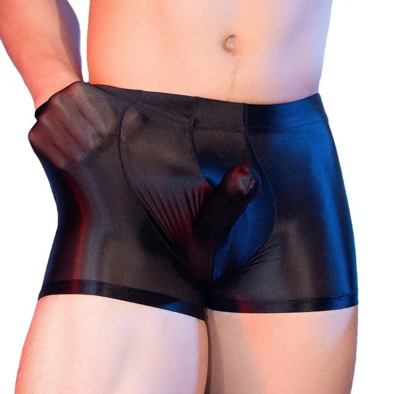 Men's seamless nylon boxer shorts in an animal print, shown in red, featuring a mid-waist design.