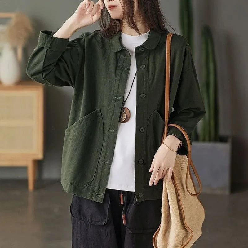 Retro twill cotton loose casual top with large pocket for women in khaki