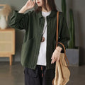 Retro twill cotton loose casual top with large pocket for women in khaki