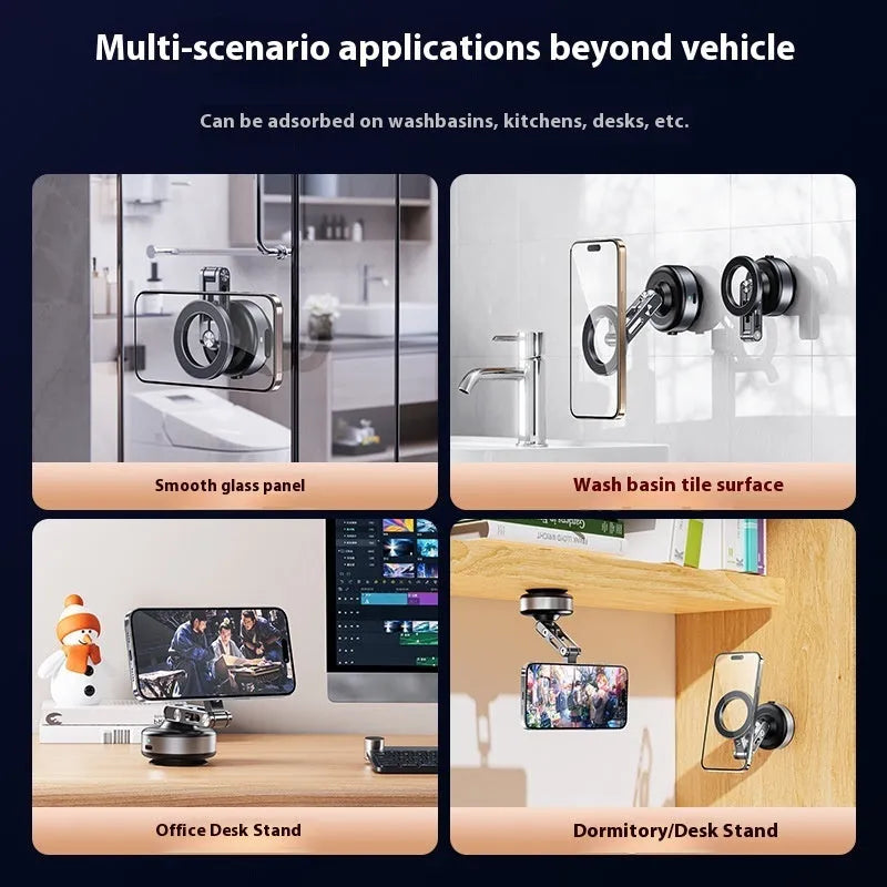Magnetic car phone holder with vacuum suction cup dashboard mount and 360° rotating adjustment, dark grey.