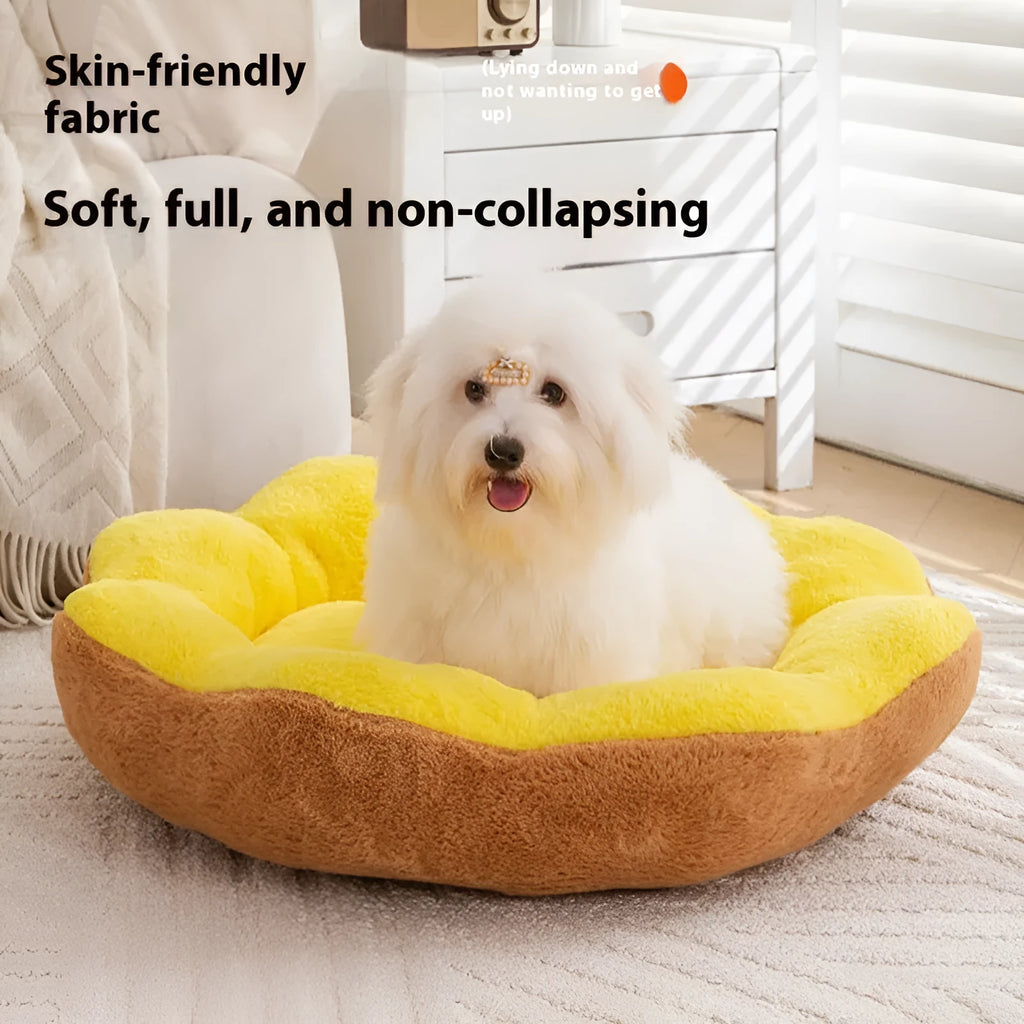 A round rabbit plush cat bed with a thick rim, shown in a brown grey colour.